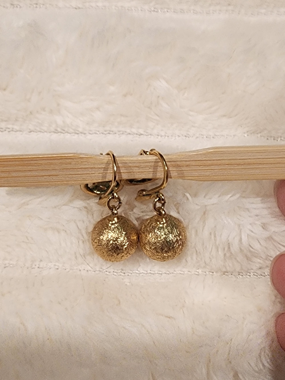 Trifari Gold Textured Drop Ball Hoop Earrings